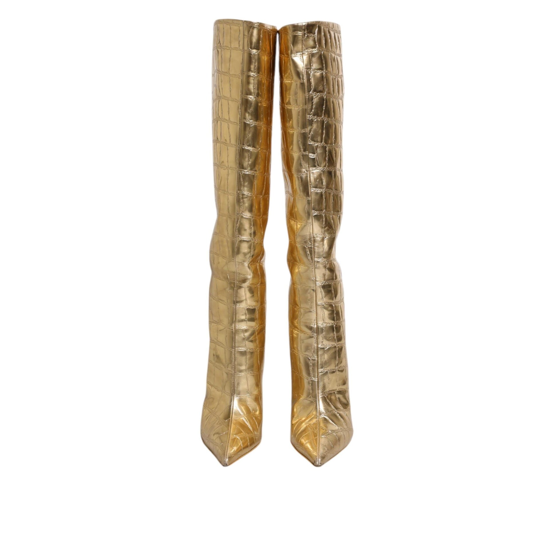 Dolce & Gabbana Gold Leather Stiletto Heels High Boots Shoes
