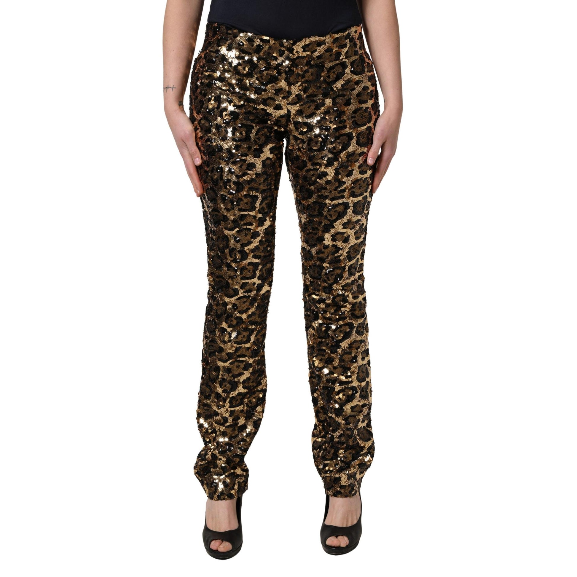 Dolce & Gabbana Gold Leopard Sequined Straight Trouser Pants