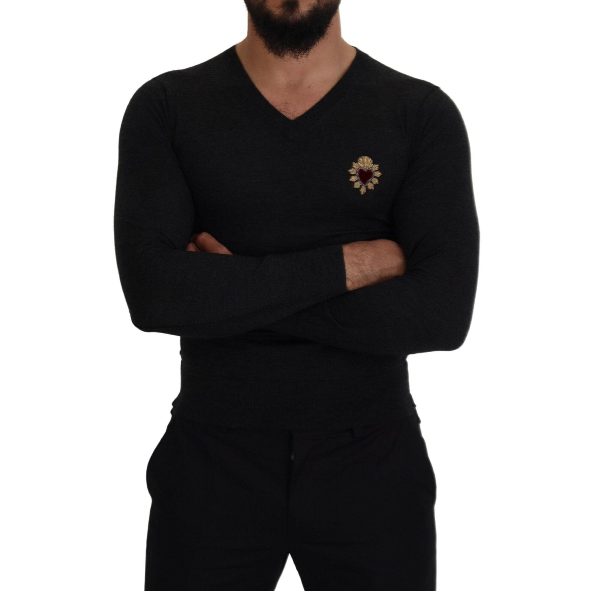 Dolce & Gabbana Gray Cashmere V-neck Gold Heart Sweater