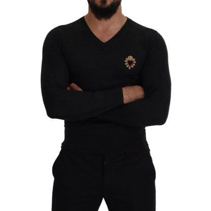 Dolce & Gabbana Gray Cashmere V-neck Gold Heart Sweater