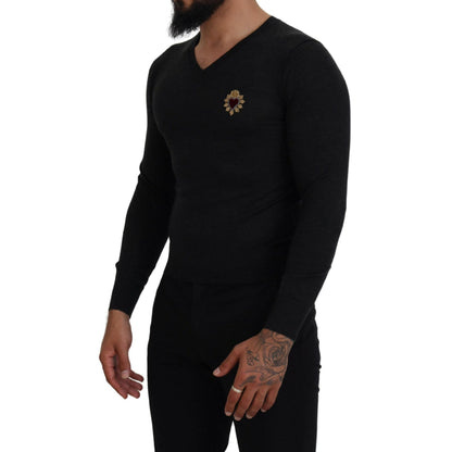 Dolce & Gabbana Gray Cashmere V-neck Gold Heart Sweater