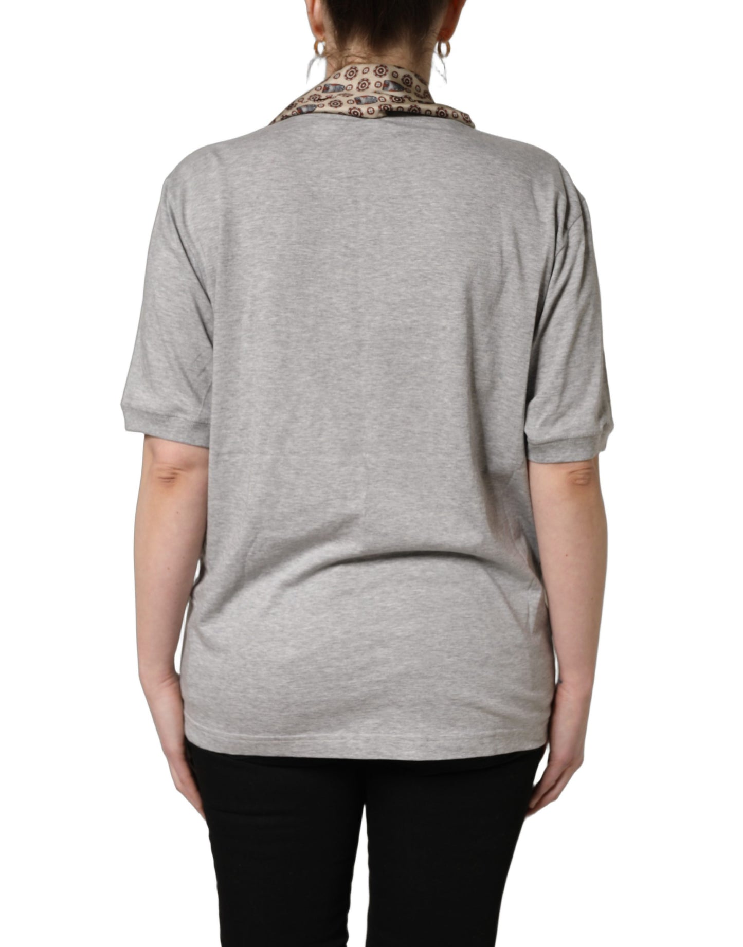 Dolce & Gabbana Gray Cotton V-neck Owl Silk Scarf Top T-shirt