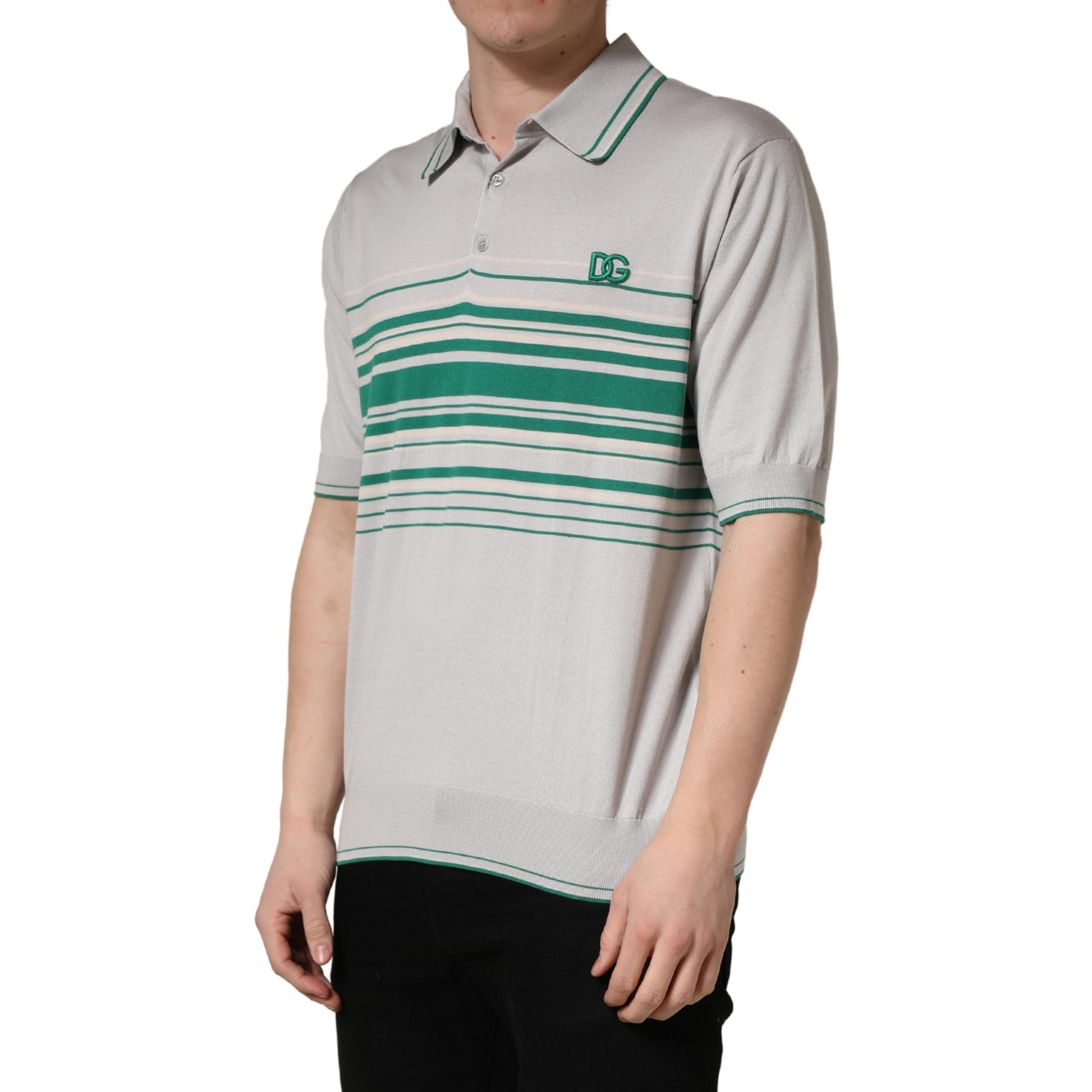 Dolce & Gabbana Gray Green Striped Logo Silk Polo T-shirt
