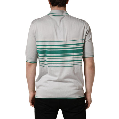 Dolce & Gabbana Gray Green Striped Logo Silk Polo T-shirt