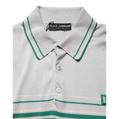 Dolce & Gabbana Gray Green Striped Logo Silk Polo T-shirt
