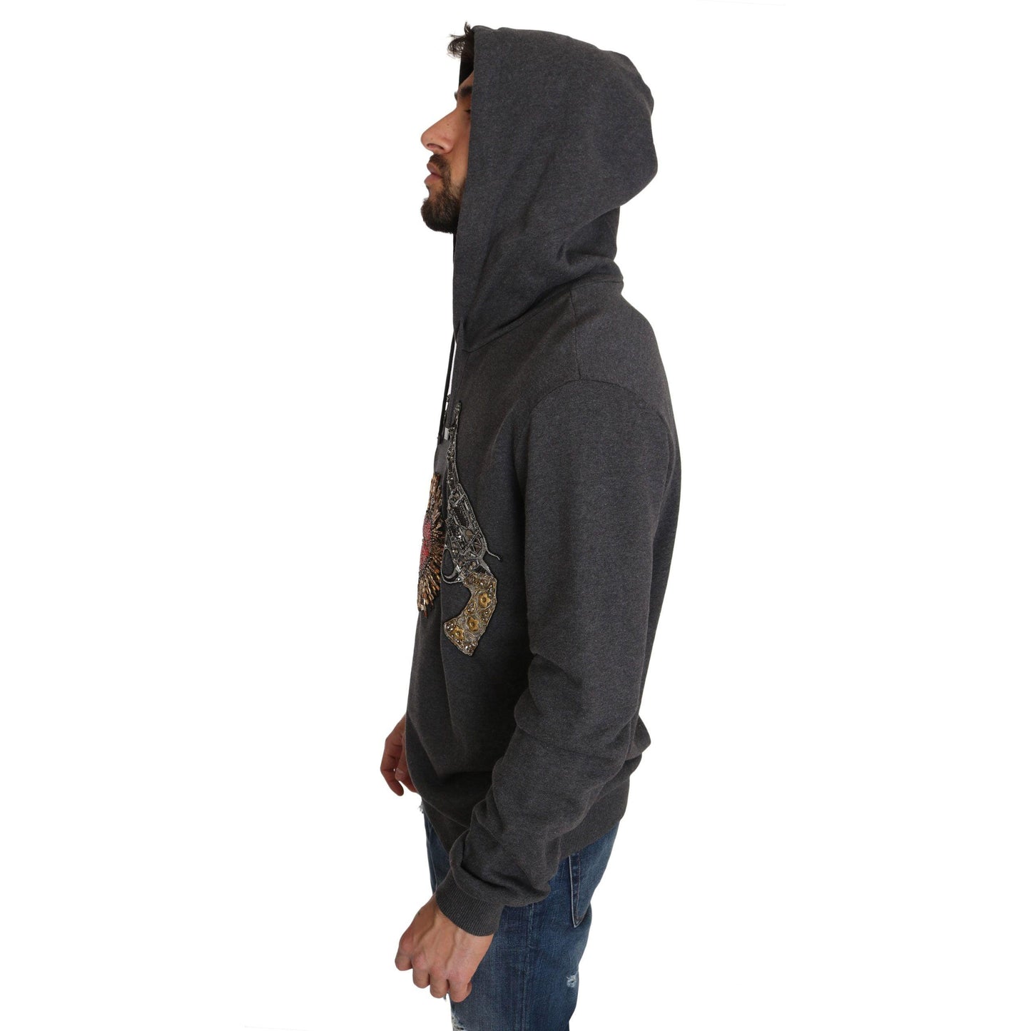 Dolce & Gabbana Gray Hooded Red Crystal Heart Gun Sweater