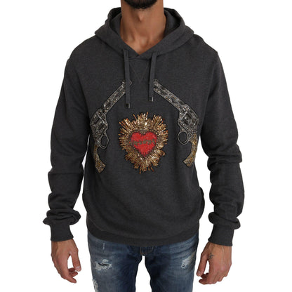 Dolce & Gabbana Gray Hooded Red Crystal Heart Gun Sweater