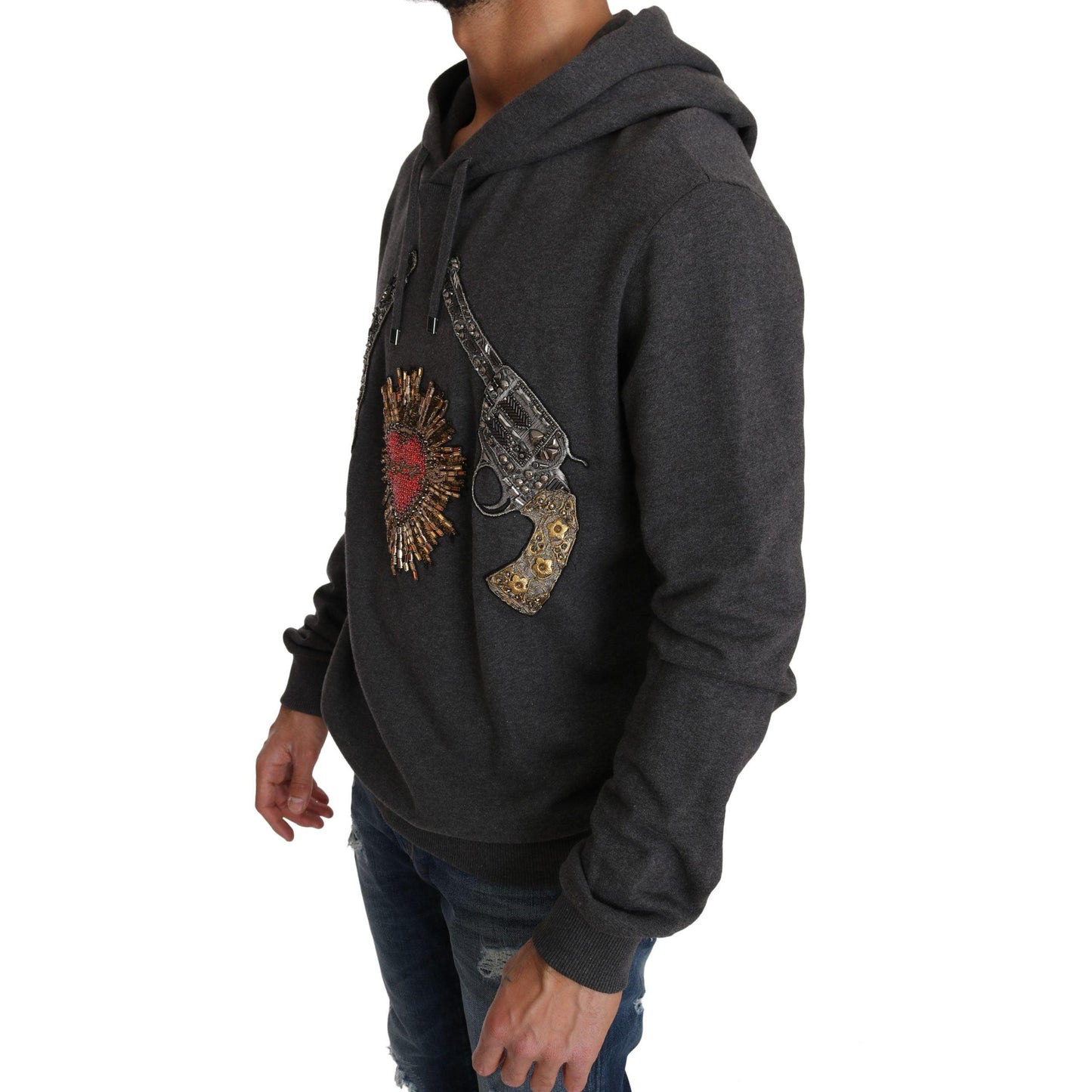 Dolce & Gabbana Gray Hooded Red Crystal Heart Gun Sweater