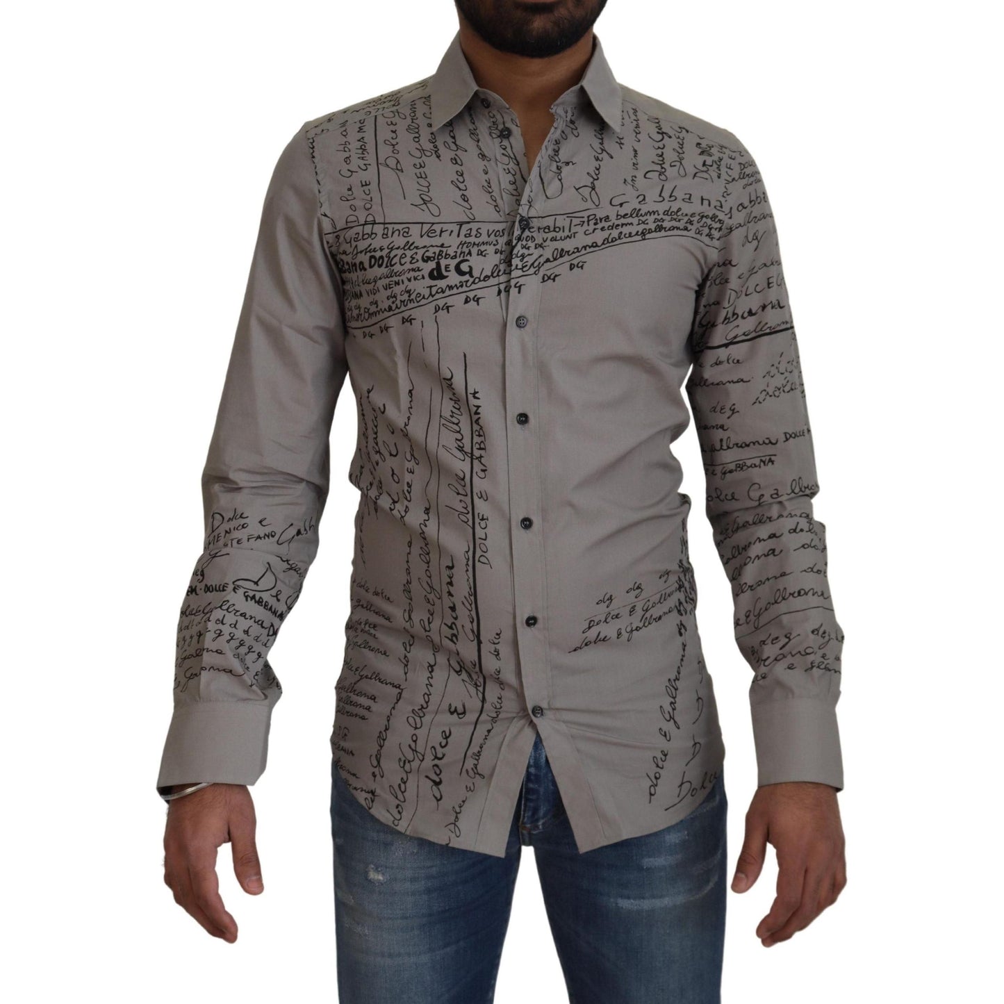 Dolce & Gabbana Gray Printed Cotton Slim Dress GOLD Shirt