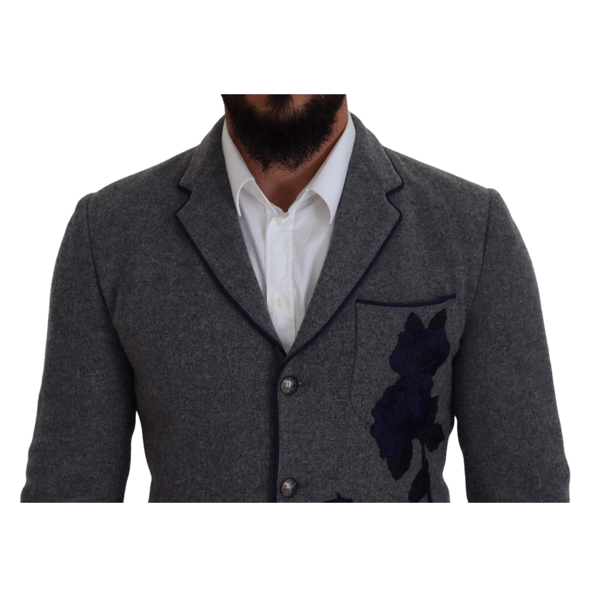 Dolce & Gabbana Gray Wool Roses Slim Fit Jacket Blazer