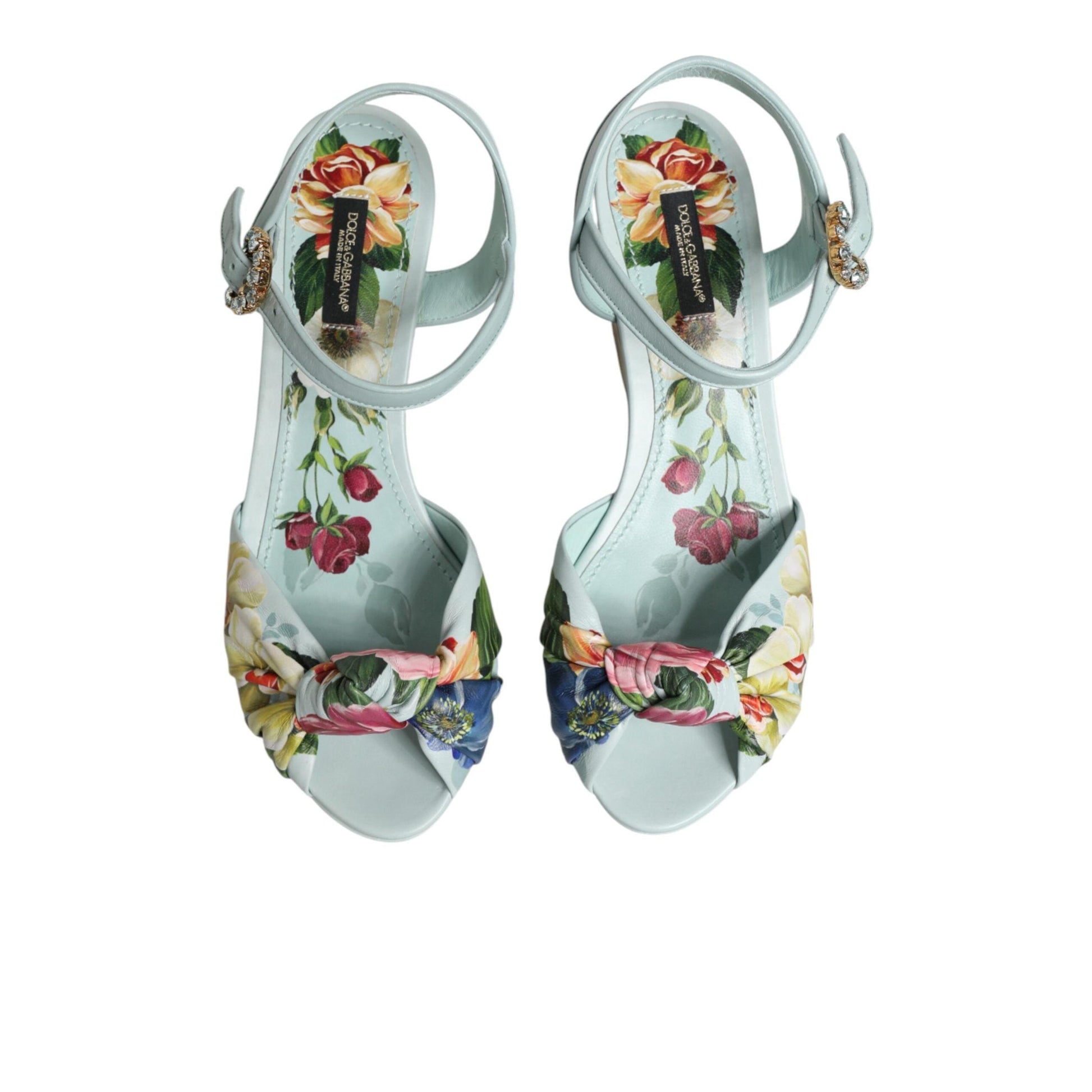 Dolce & Gabbana Green Floral Ankle Strap Wedge Sandals Shoes