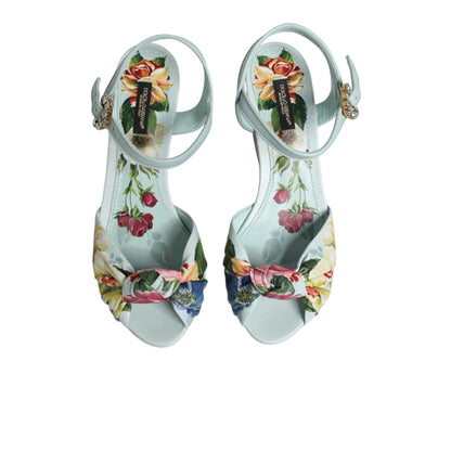 Dolce & Gabbana Green Floral Ankle Strap Wedge Sandals Shoes
