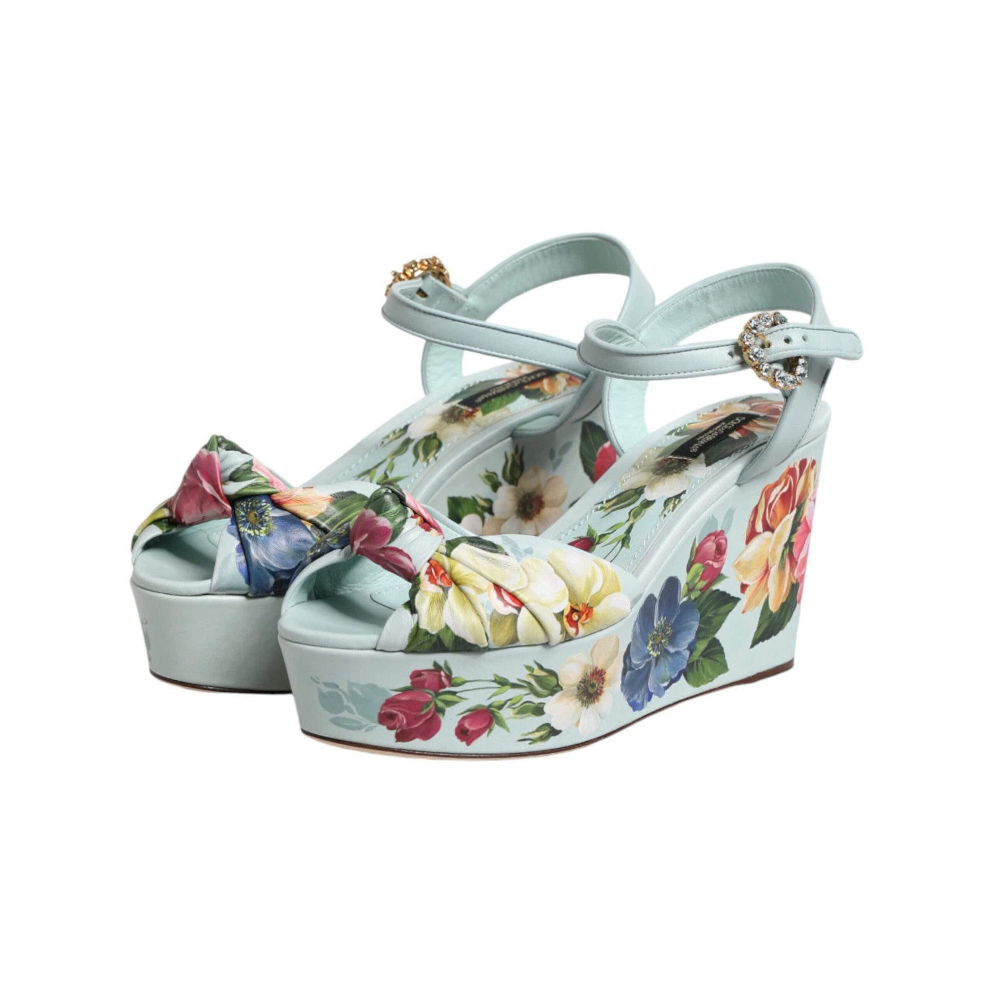 Dolce & Gabbana Green Floral Ankle Strap Wedge Sandals Shoes