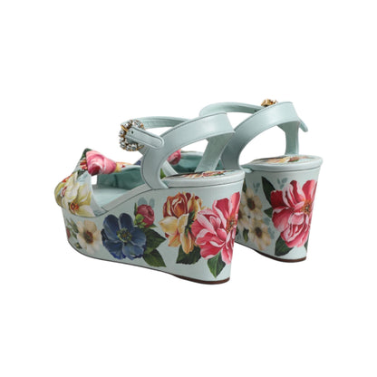 Dolce & Gabbana Green Floral Ankle Strap Wedge Sandals Shoes