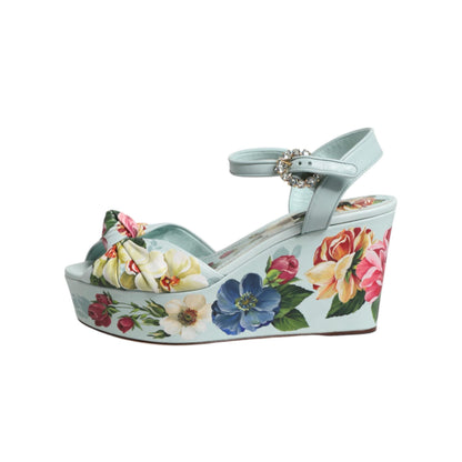 Dolce & Gabbana Green Floral Ankle Strap Wedge Sandals Shoes