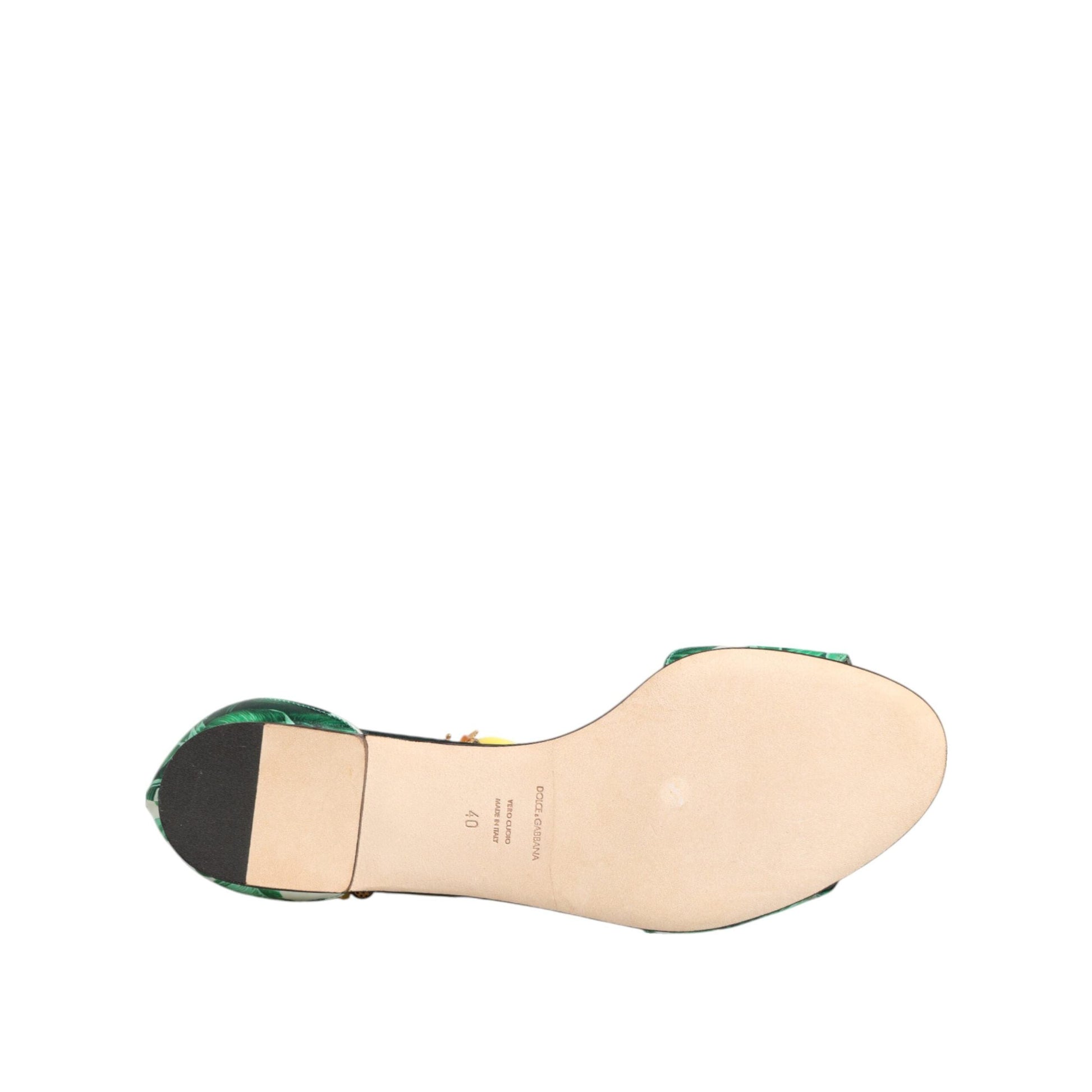Dolce & Gabbana Green Mink Fur Satin Banana Leaf Sandals Shoes