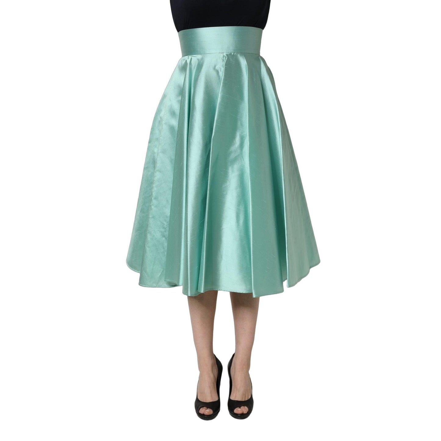 Dolce & Gabbana Green Satin High-Waisted Pleated A-line Midi Skirt