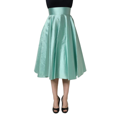 Dolce & Gabbana Green Satin High-Waisted Pleated A-line Midi Skirt