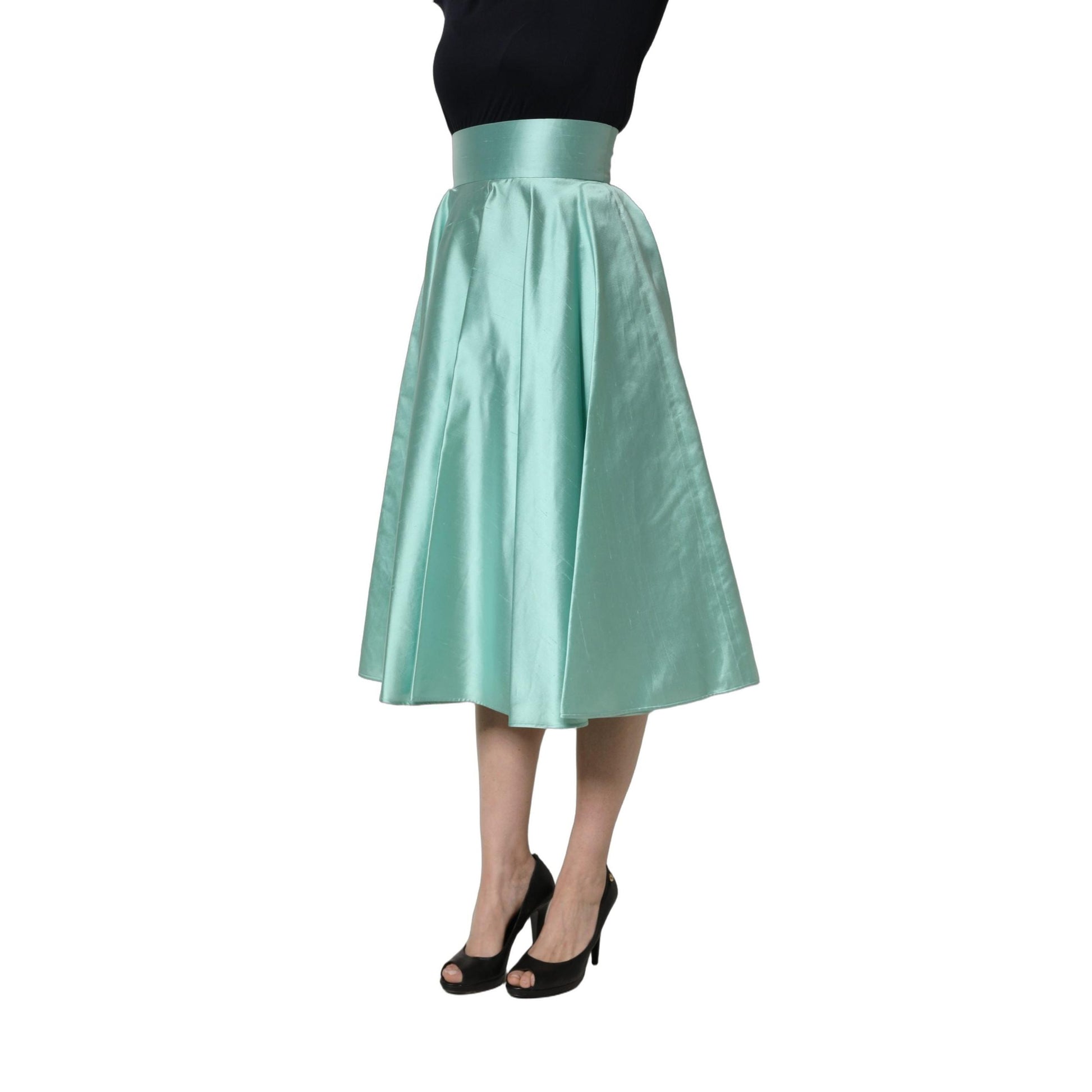 Dolce & Gabbana Green Satin High-Waisted Pleated A-line Midi Skirt