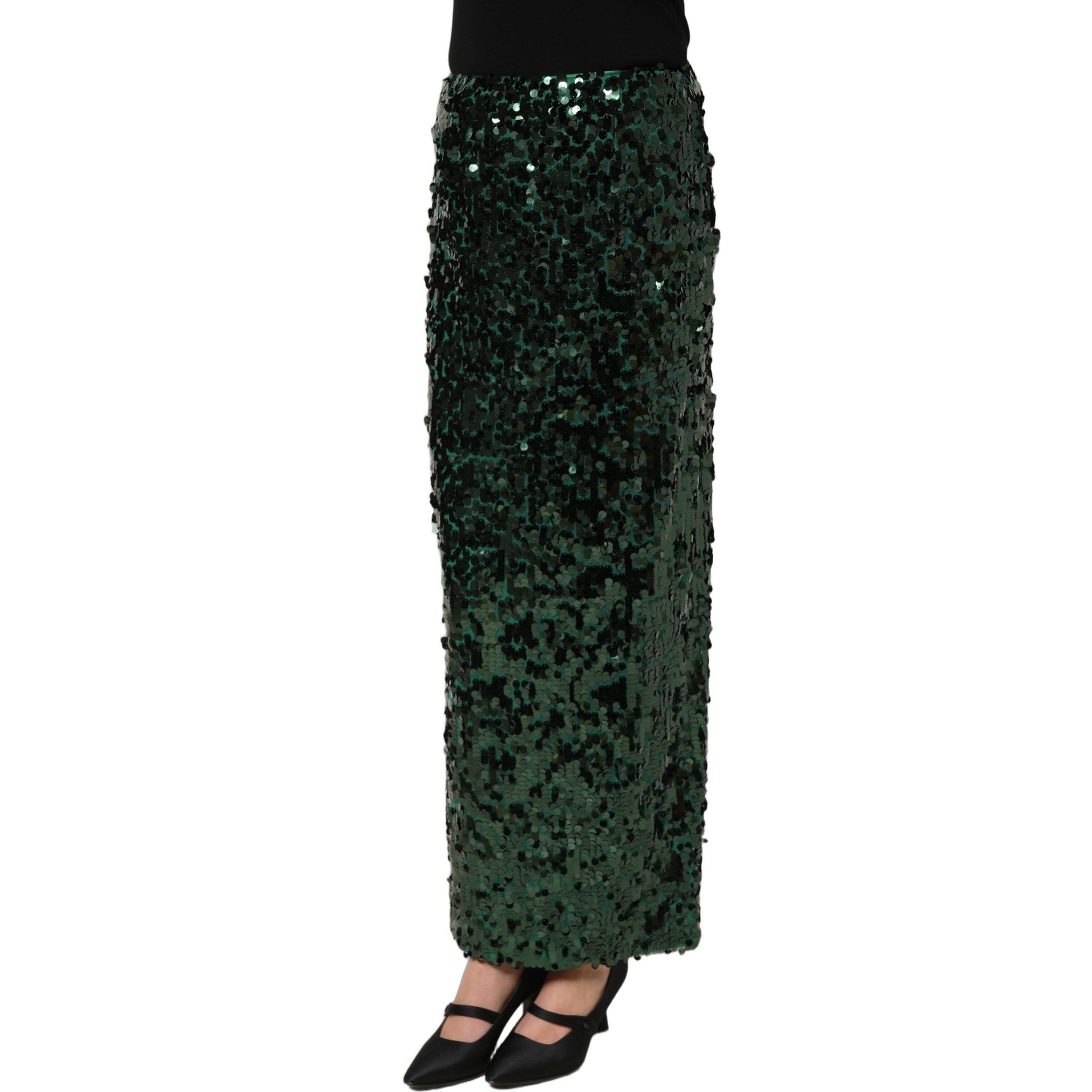 Dolce & Gabbana Green Sequin High Waist Pencil Cut Midi Skirt