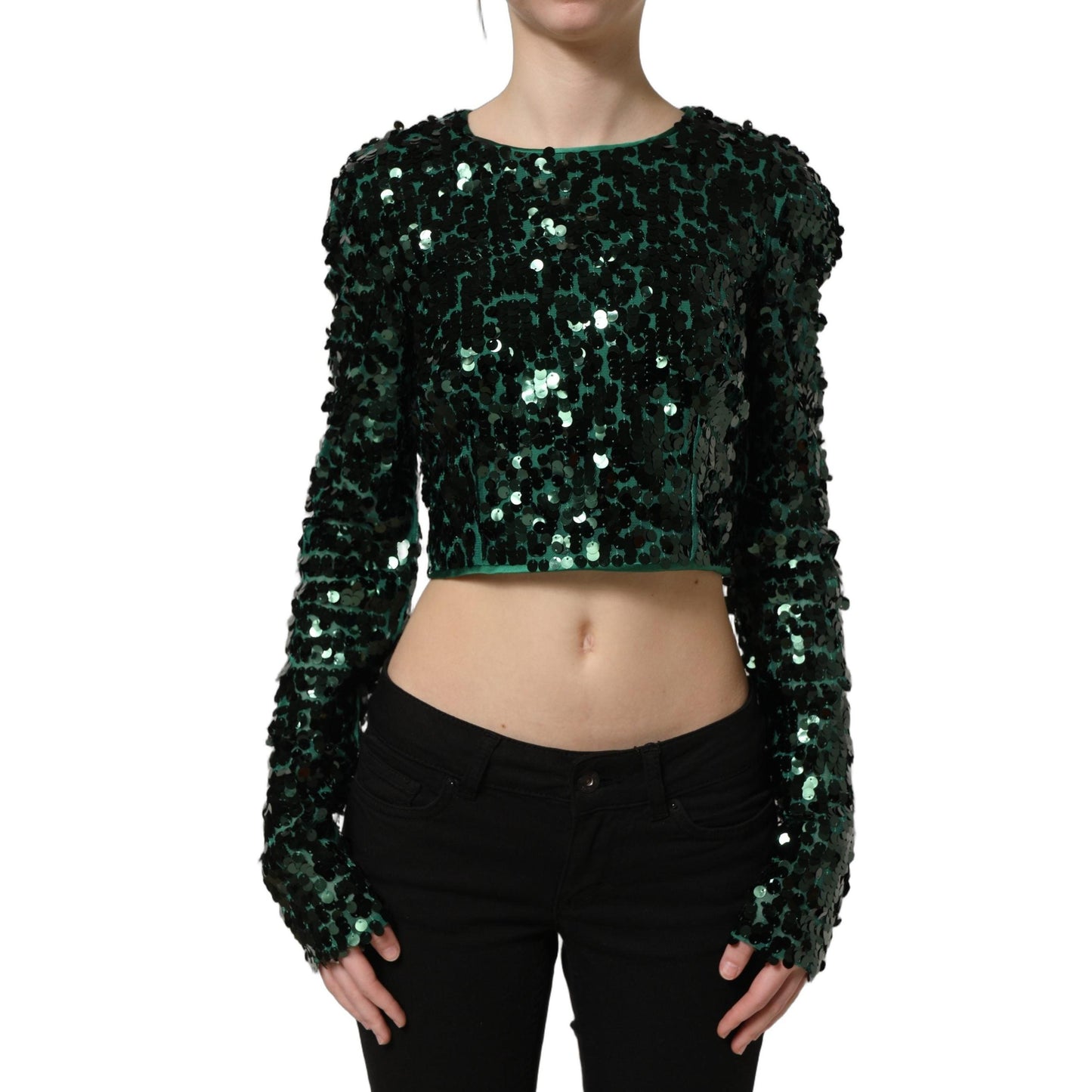 Dolce & Gabbana Green Sequined Long Sleeves Crop Blouse Top
