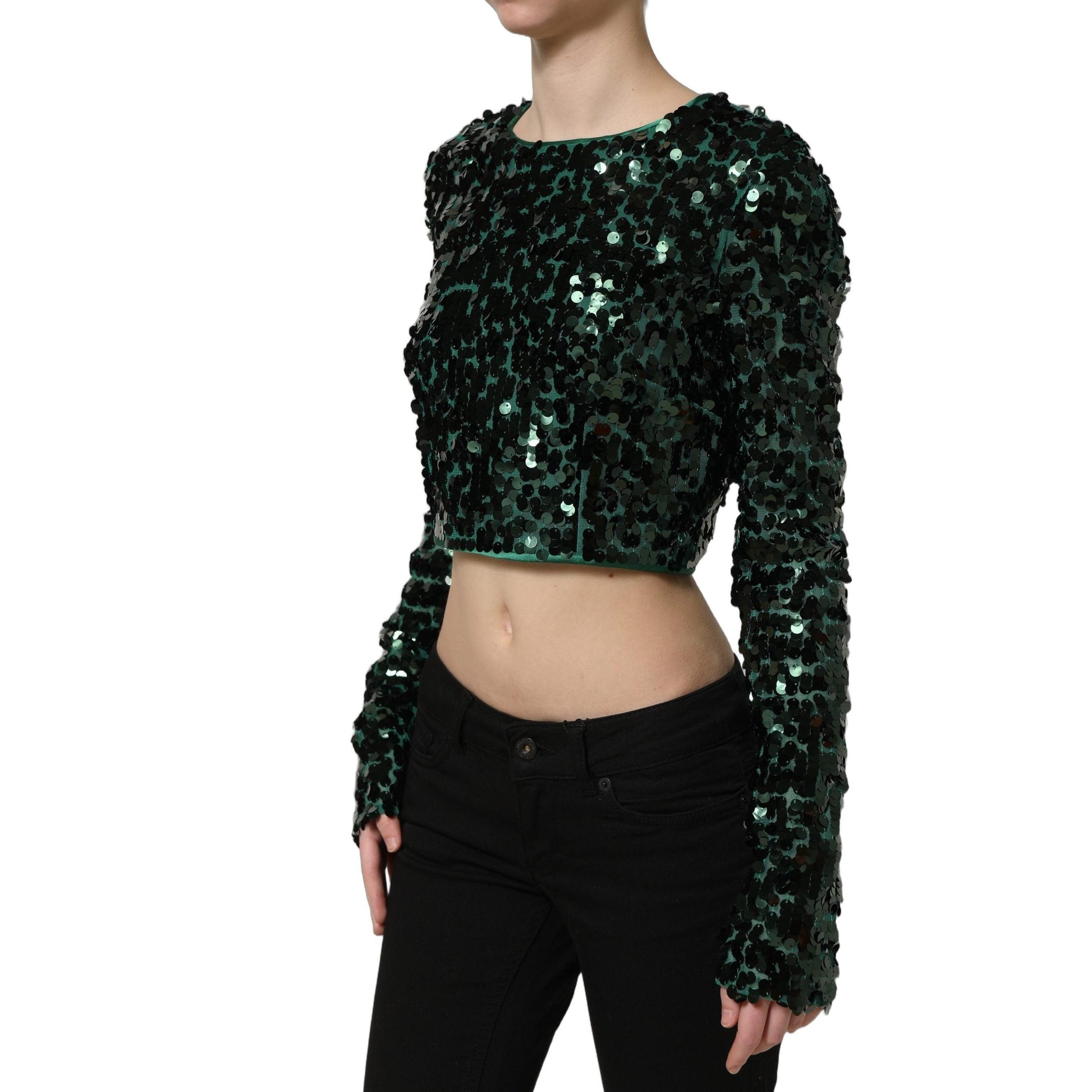 Dolce & Gabbana Green Sequined Long Sleeves Crop Blouse Top