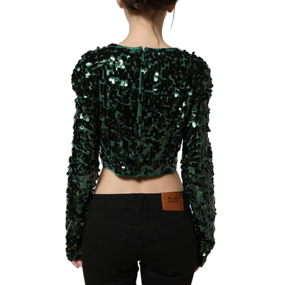 Dolce & Gabbana Green Sequined Long Sleeves Crop Blouse Top