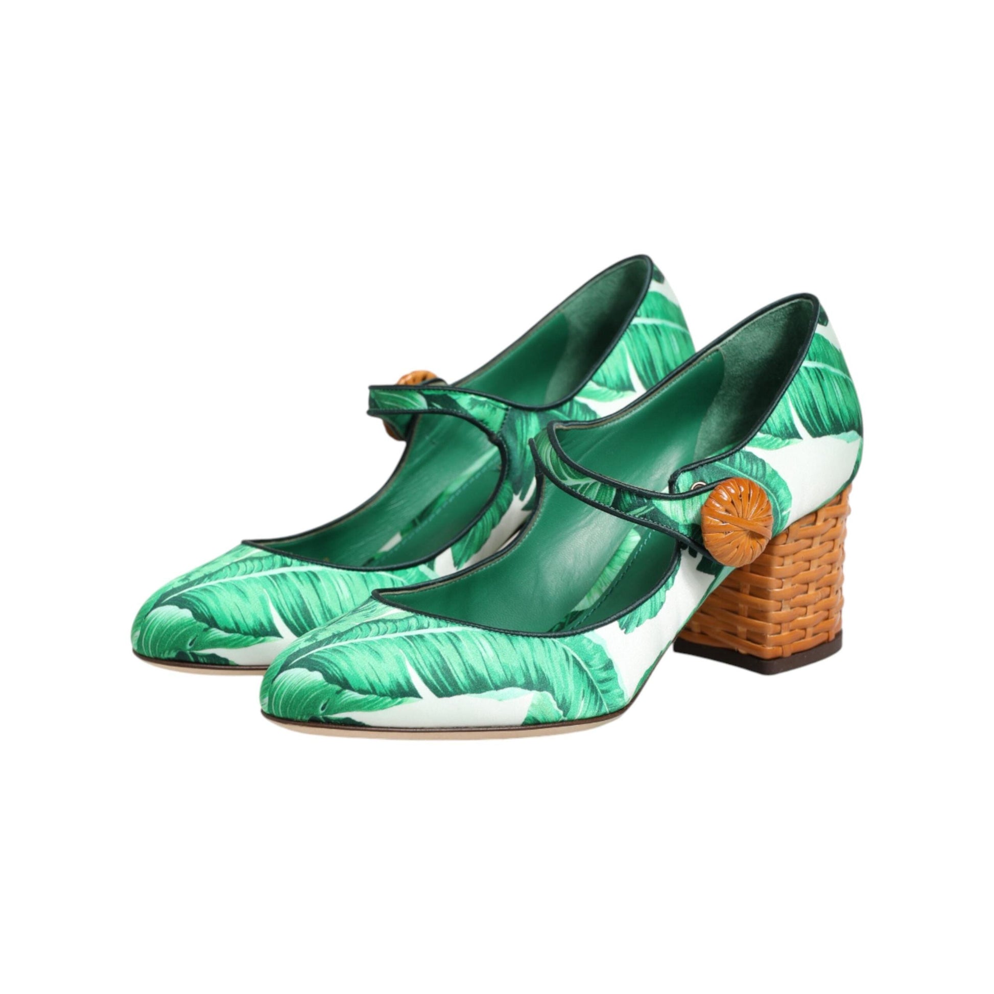 Dolce & Gabbana Green Silk MARY JANES Leaf Sandals Shoes