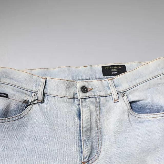 Dolce & Gabbana Light Blue Cotton Blend Tattered Skinny Denim Jeans