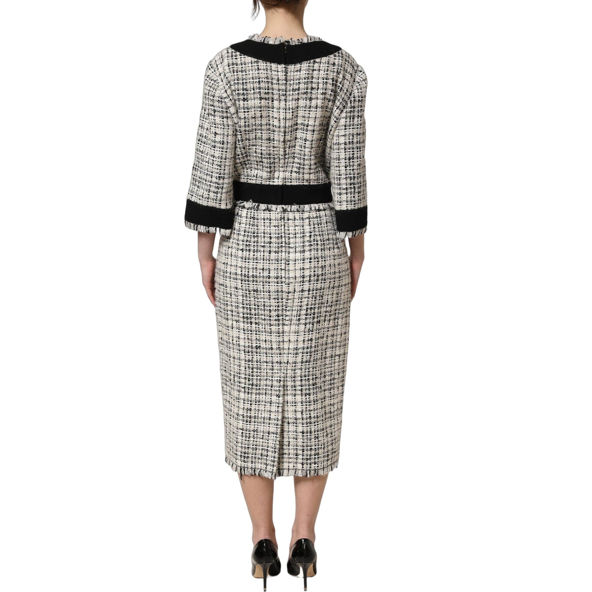 Dolce & Gabbana Multicolor Bouclé Tweed Frayed Trim Midi Dress