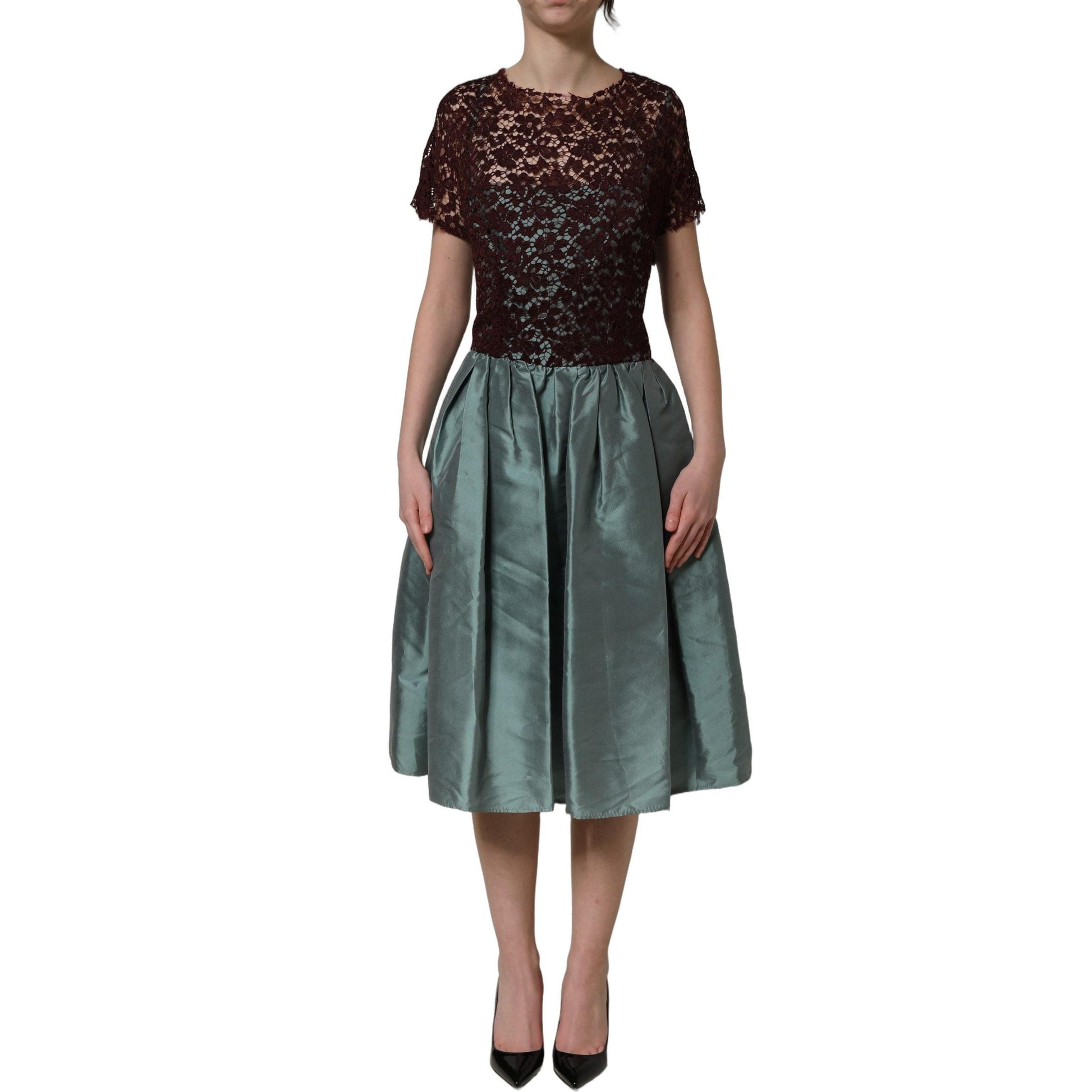 Dolce & Gabbana Multicolor Floral Lace Taffeta Pleated Midi Dress