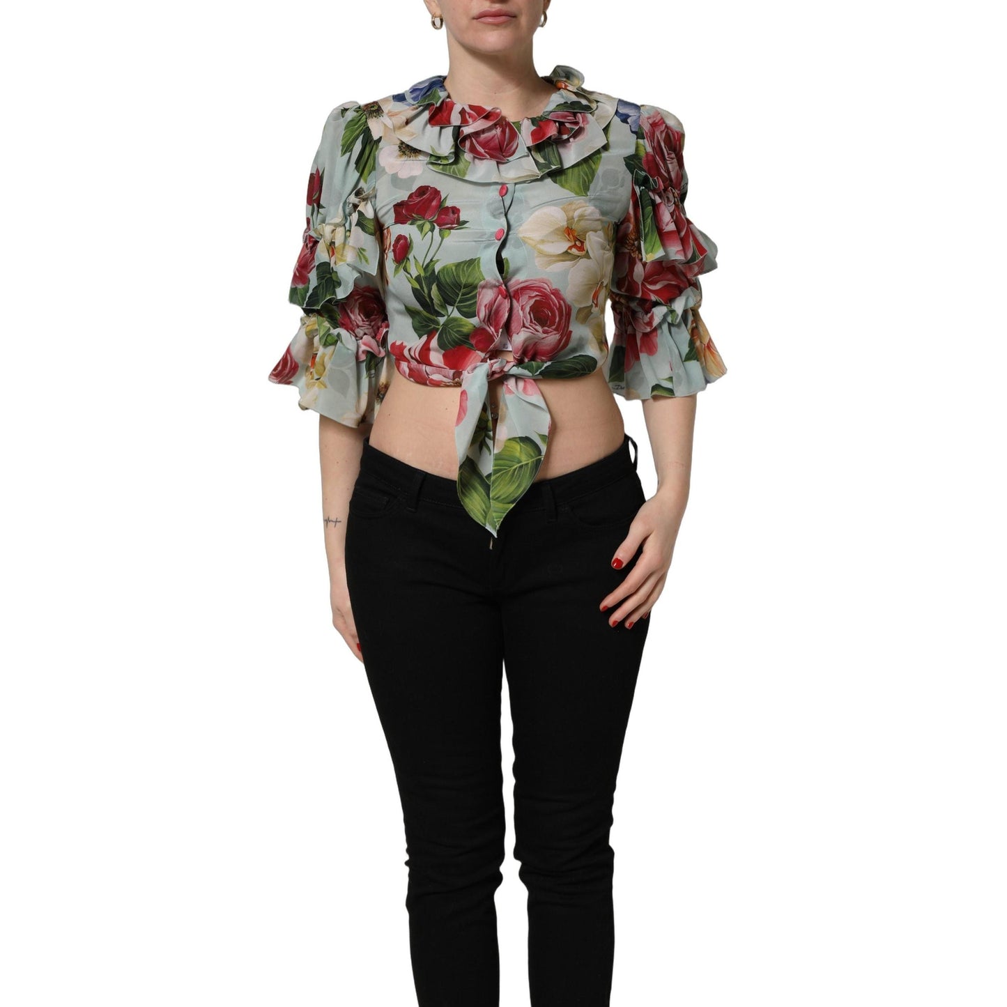 Dolce & Gabbana Multicolor Floral Silk Cropped Shirt Top