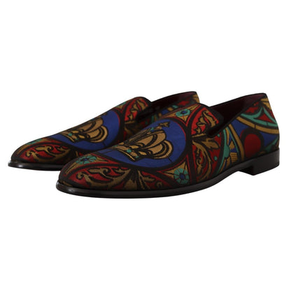 Dolce & Gabbana Multicolor Jacquard Crown Slippers Loafers Shoes