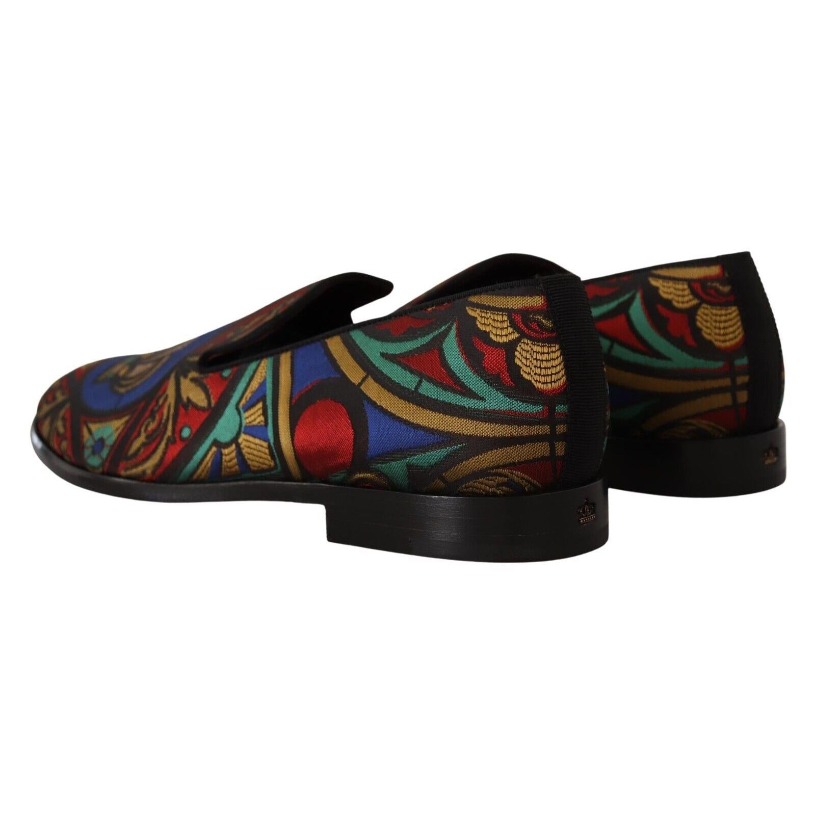 Dolce & Gabbana Multicolor Jacquard Crown Slippers Loafers Shoes