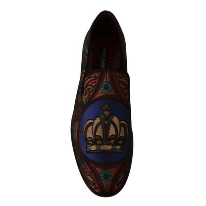 Dolce & Gabbana Multicolor Jacquard Crown Slippers Loafers Shoes