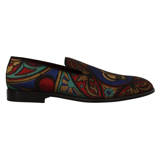 Dolce & Gabbana Multicolor Jacquard Crown Slippers Loafers Shoes