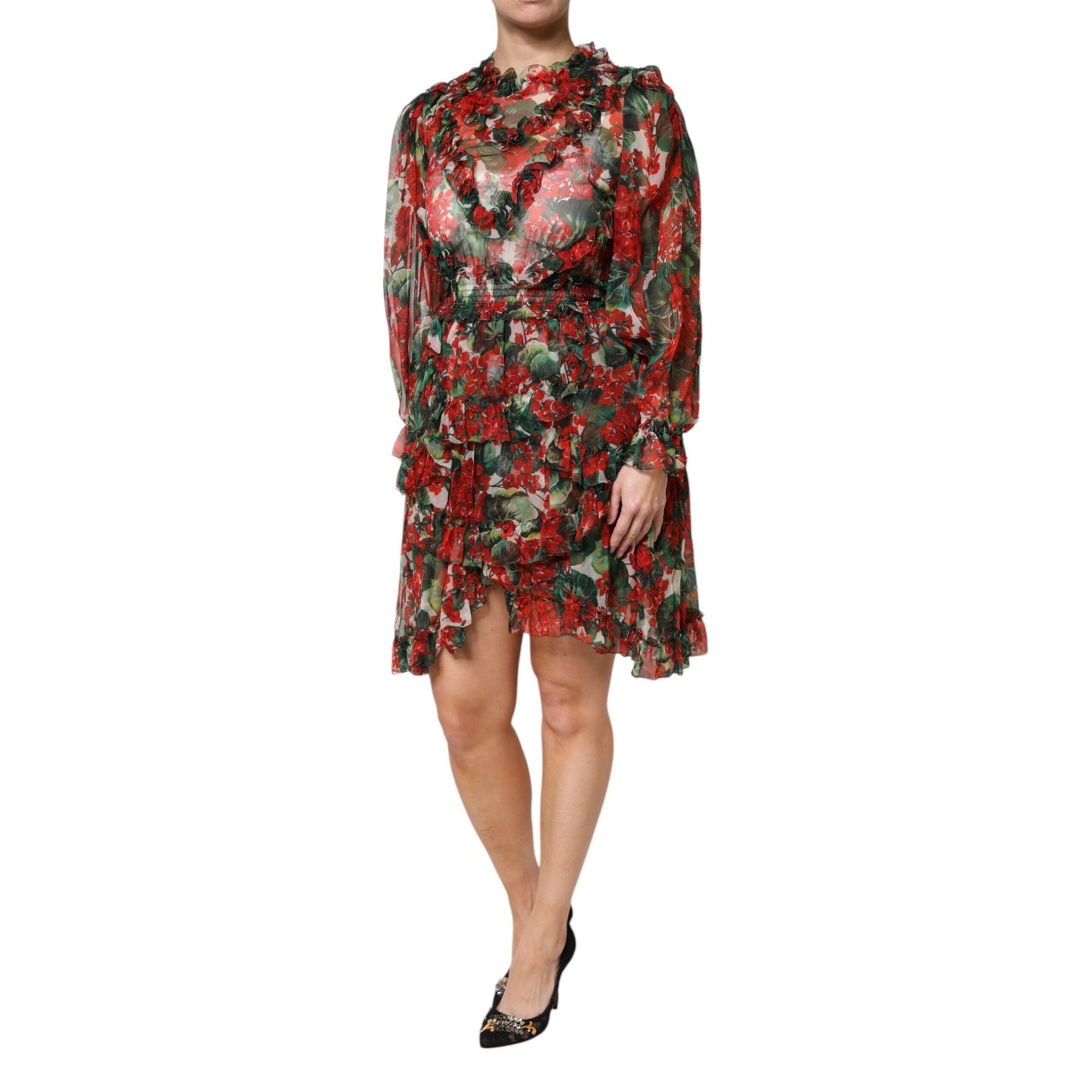 Dolce & Gabbana Multicolor Ruffle Floral Long Sleeves Dress