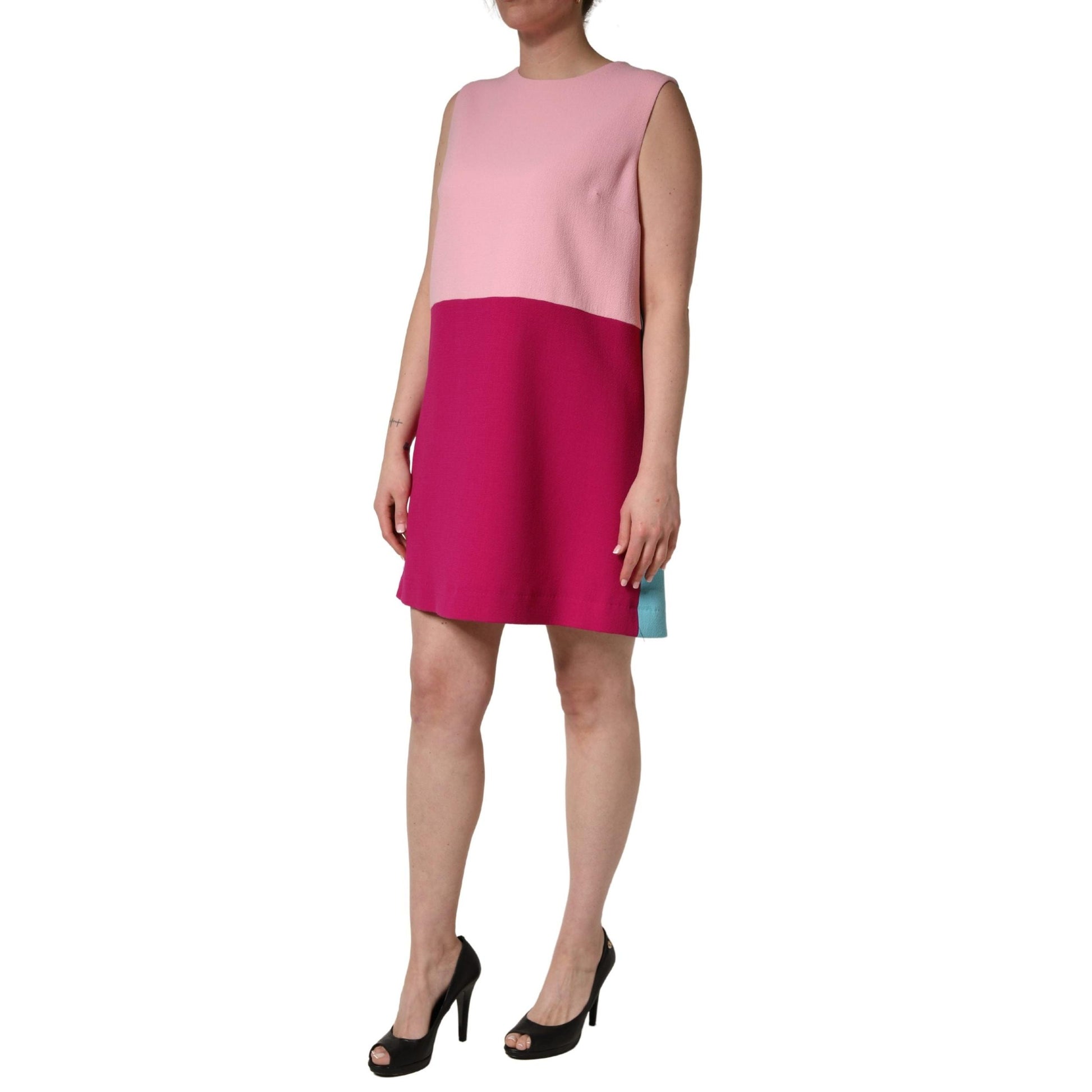 Dolce & Gabbana Pink Blue Wool Sleeveless Shift Mini Dress