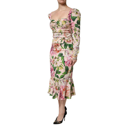Dolce & Gabbana Pink Floral Silk Fit And Flared Midi Dress