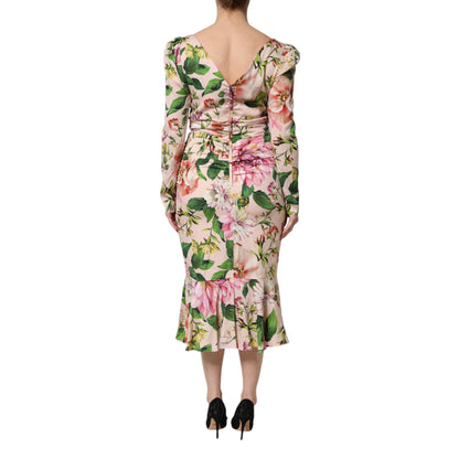 Dolce & Gabbana Pink Floral Silk Fit And Flared Midi Dress