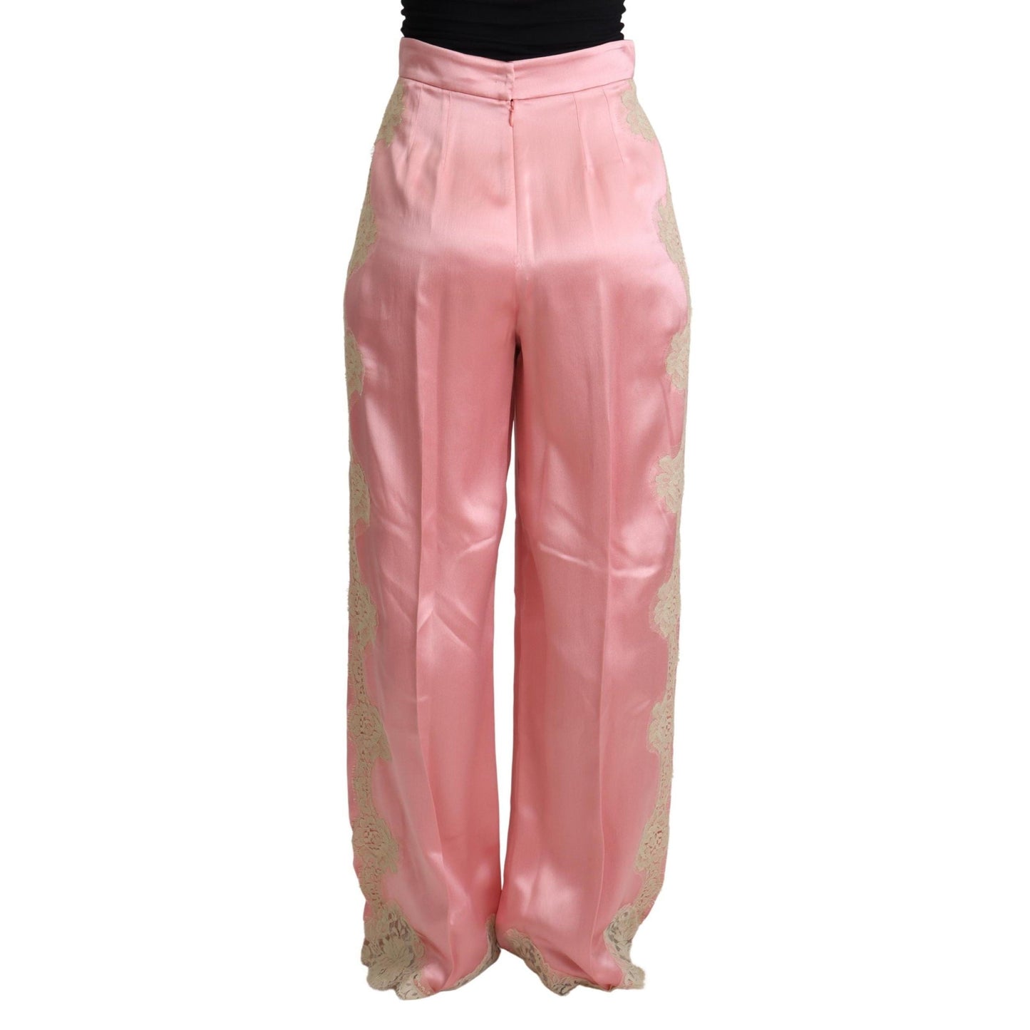 Dolce & Gabbana Pink Lace Trimmed Silk Satin Wide Legs Pants