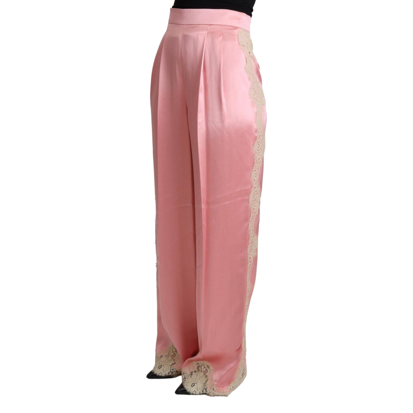Dolce & Gabbana Pink Lace Trimmed Silk Satin Wide Legs Pants