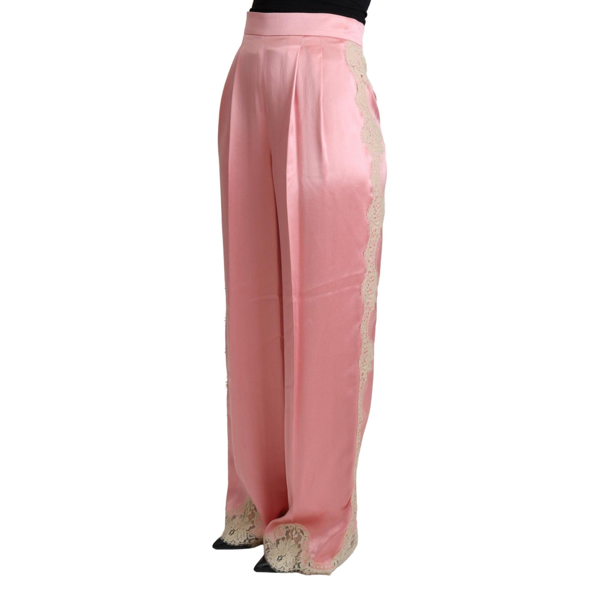 Dolce & Gabbana Pink Lace Trimmed Silk Satin Wide Legs Pants