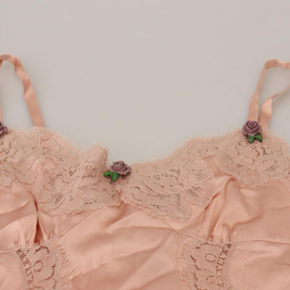 Dolce & Gabbana Pink Satin Lace Roses Tank Top Lingerie