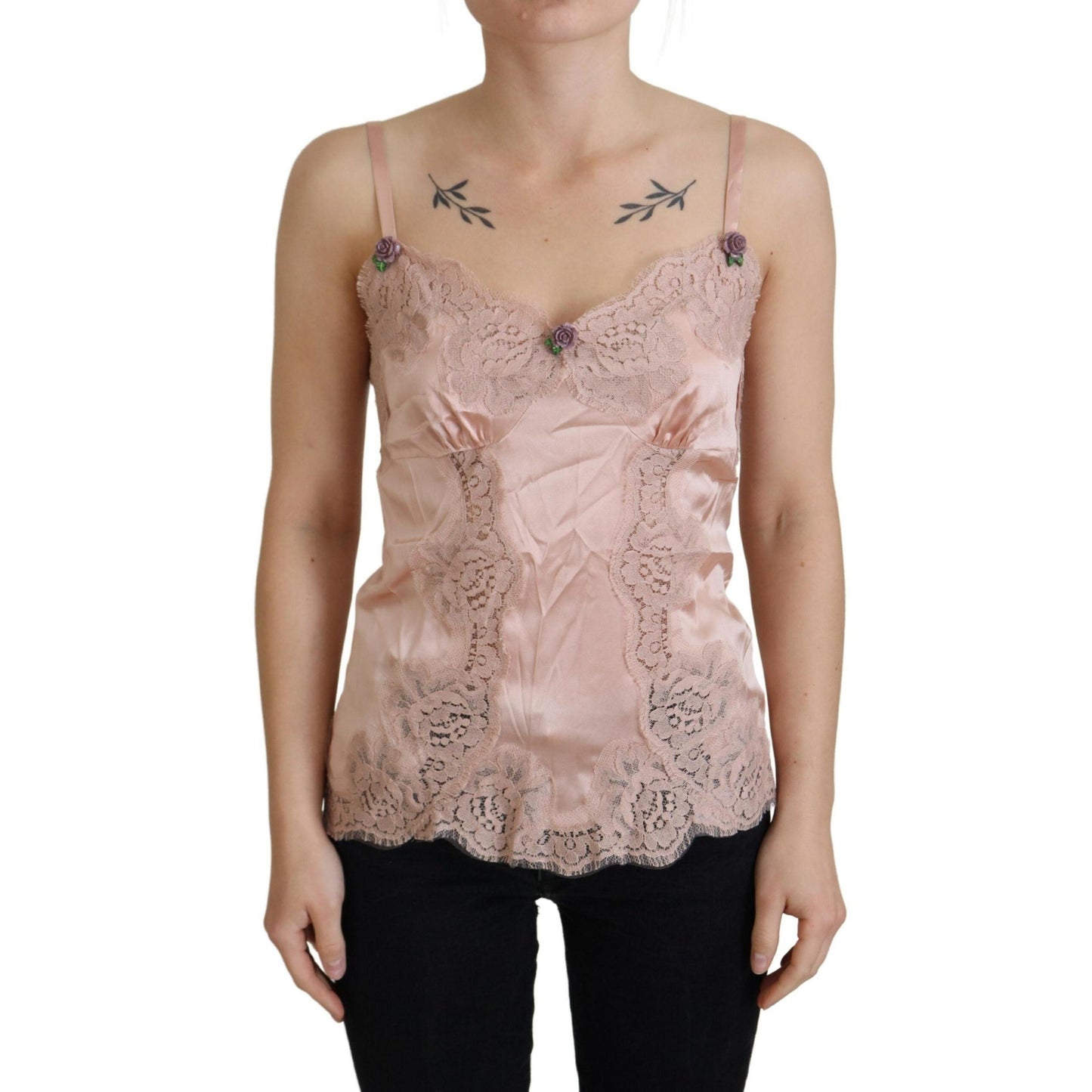 Dolce & Gabbana Pink Satin Lace Roses Tank Top Lingerie