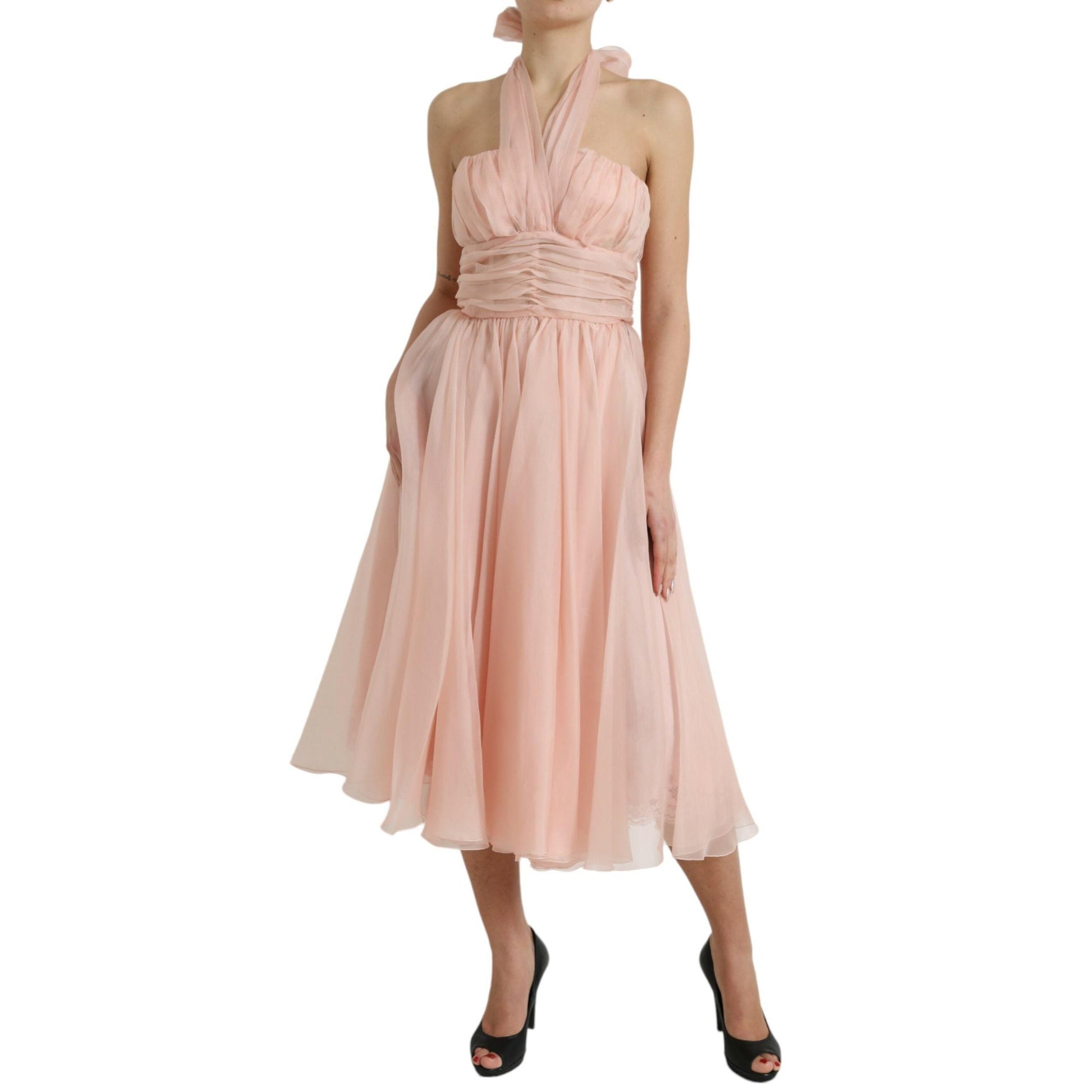 Dolce & Gabbana Pink Silk Chiffon Halter A-line Pleated Midi Dress