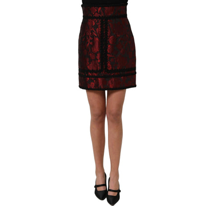 Dolce & Gabbana Red Black Floral Lace Jacquard Mini Skirt