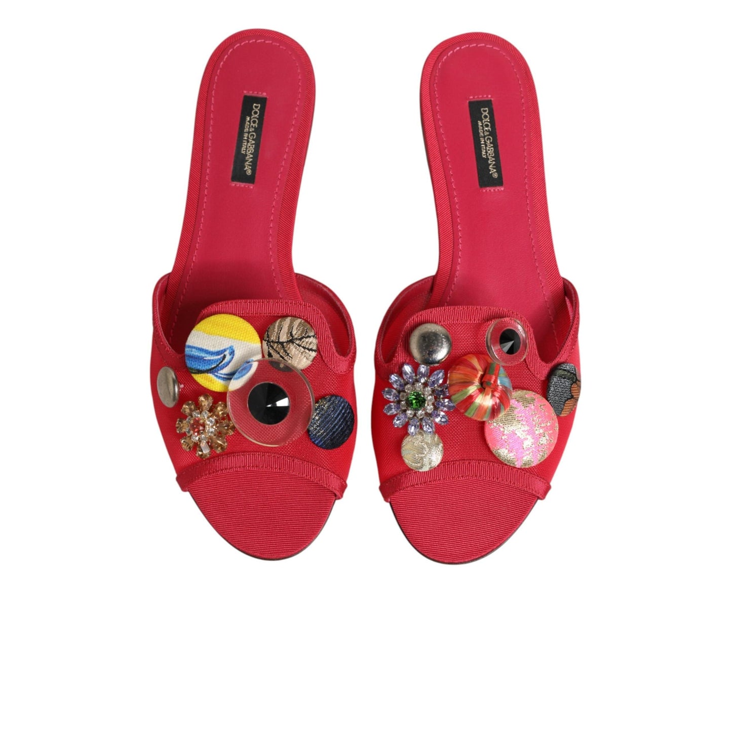 Dolce & Gabbana Red Embellished Flats Slip On Sandals Shoes