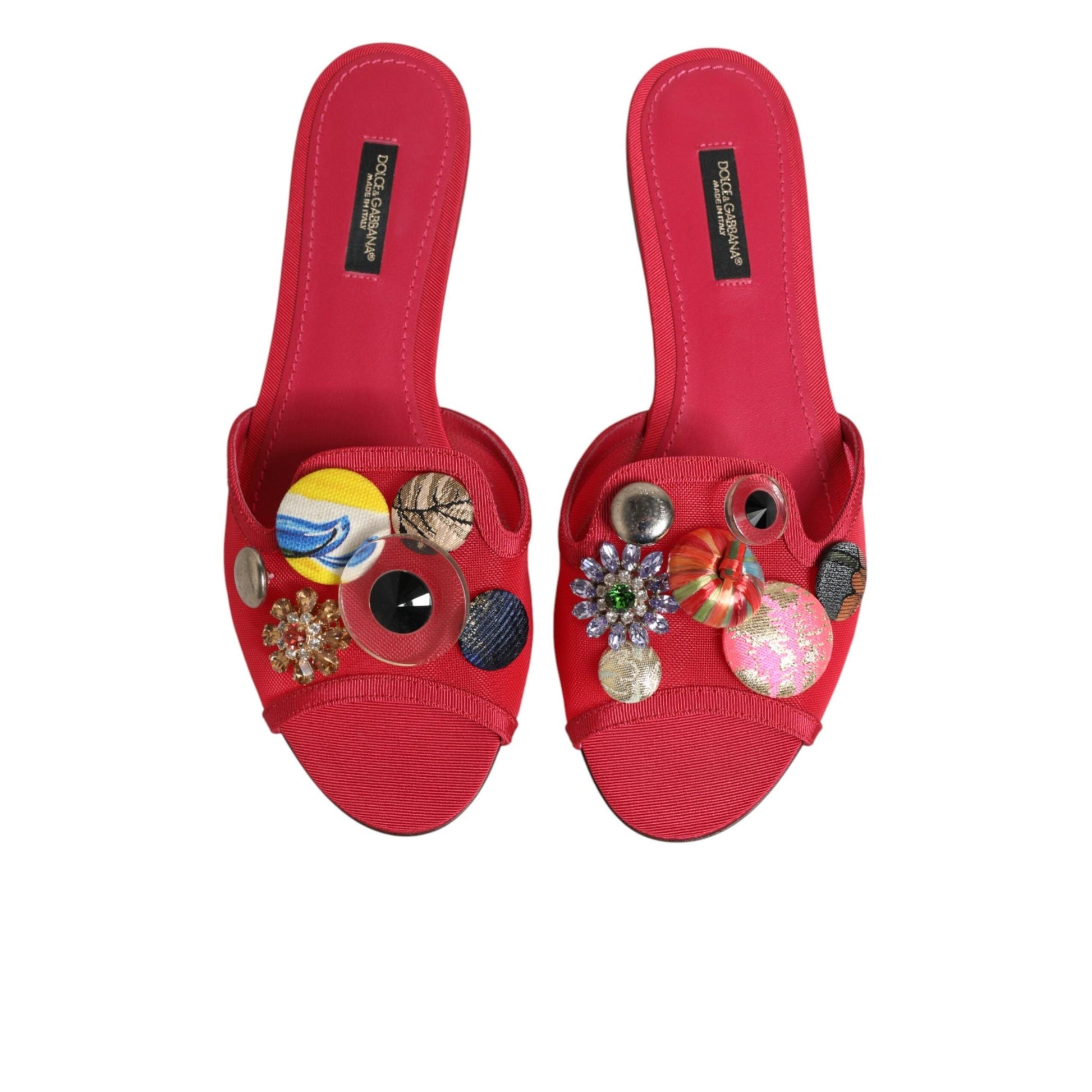 Dolce & Gabbana Red Embellished Flats Slip On Sandals Shoes
