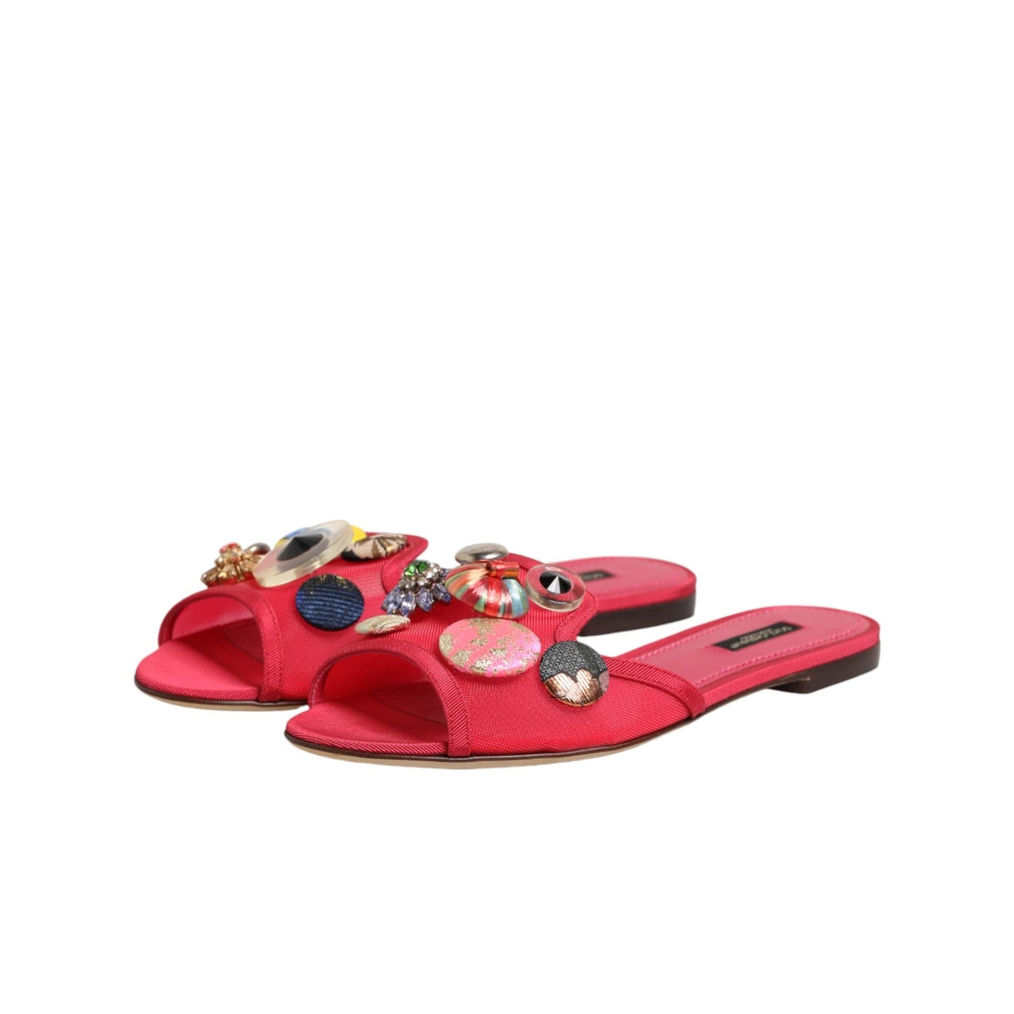 Dolce & Gabbana Red Embellished Flats Slip On Sandals Shoes